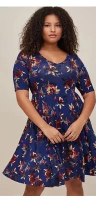 Torrid SIZE 1 1X Women's Blue W/ Flowers MINI SOFT SKATER DRESS NWT Retail $65. • $26