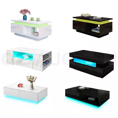 Modern LED Coffee Table Cabinet Storage Shelf Gloss Wood Living Room Furniture • $119.95