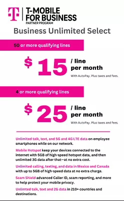 T-Mobile Business Unlimited Select Voice Data Plan $100/4 Lines No Activation • $0.99
