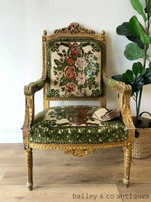 $575 • Buy Antique French Gilt Armchair Louis XVI  (1 Of 2 Listed ) Cut Velvet - TT050a  -