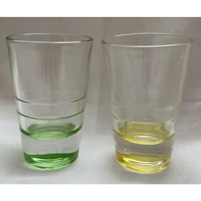2 Shot Glasses Hand Blown Yellow Green Colored Glass Retro MCM VINTAGE Barware • $10.97