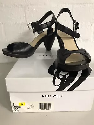 Strap Heel Open Toe Sandal Shoes By Nine West Size 9 Black Leather • $20