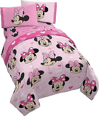 Minnie Mouse Faces Bows Pink White Reversible 7 Pc Comforter Set Twin Full Bed • $101.90