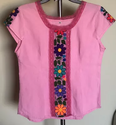 Mexican Hand Embroidered Blouse. Handmade By Rural Artisans. Flowers. Small Pink • $25