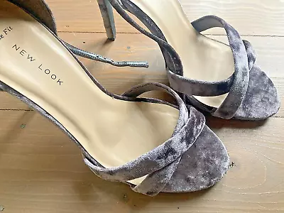 New Look Silver Grey Crushed Velvet Strappy Heels Shoes UK6 Wide VGC • £10