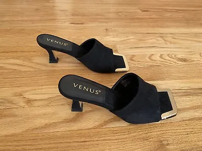 Venus Black Gold Square Toe 90s Mules Slides Heels 7 • $15