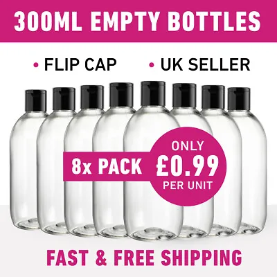 £7.49 • Buy 300ML Empty Plastic Bottles + Black Flip Caps For Hand Gels & Lotion *8 Pack*