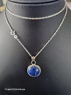 925 Sterling Silver Necklace With Egyptian 20mm Lapis Lazuli Round Cab 12.53 Gr • £49.99