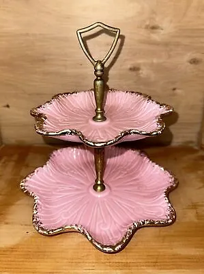 California Pottery USA 2 Tier Tidbit Serving Tray Pink Gold Trim Vintage • $19.99
