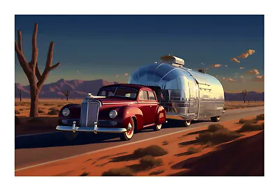 1940s Vintage Car And Airstream Trailer Art Print Aa11 • $19.99