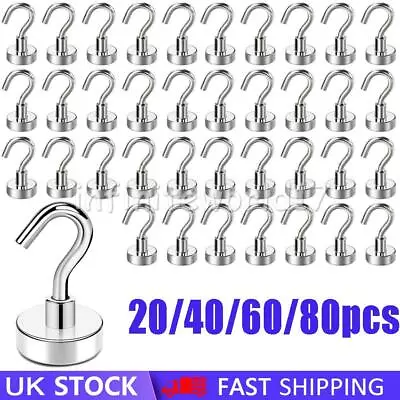 20/40/60/80X Heavy Duty Magnetic Hooks Hanger Hold Neodymium Strong Magnet Set • £10.67