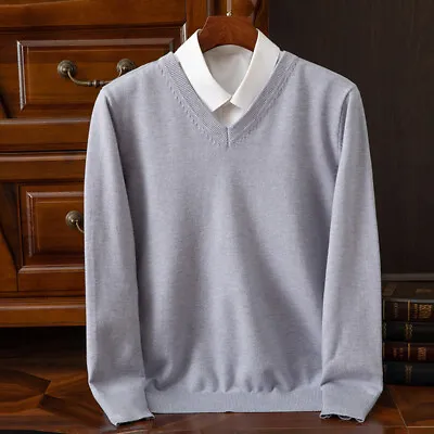 Men's Cashmere Blend Sweater V-Neck Long Sleeve Pullover Knit Base Warm Knitwear • $28.01
