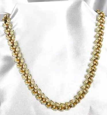 Vintage Coro Signed Gold Tone White Bead Enamel Leaf Choker Necklace 15  • $19.99