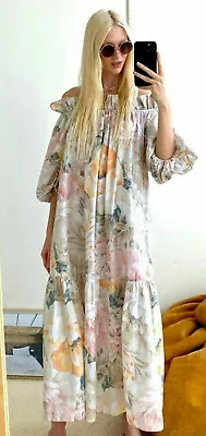 H&M Trend Bardot Off Shoulder Pastel Floral Midi Maxi Dress Size S 8 10 12 14 16 • $37.34