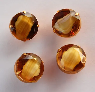 VINTAGE LARGE GLASS BUTTONS TAN BROWN GIVRE In BRASS SETTING 20mm • $6.99