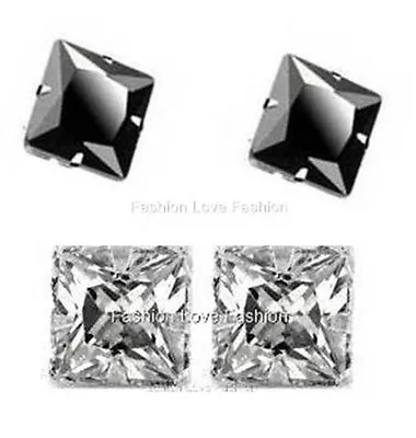 2 PAIRS CZ CLEAR+BLACK SQUARE MAGNETIC Clip-On STUD EARRINGS Men Women • $11.99