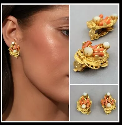 VINTAGE Branch Coral Mother Of Pearl MOP Gold-tone Clip Earrings Mid-Century MCM • $19.95