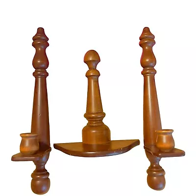 Vintage Wooden Set Of Sconce 13” Candle Wall Hanging Holder Decor Middle Shelf • £23.69