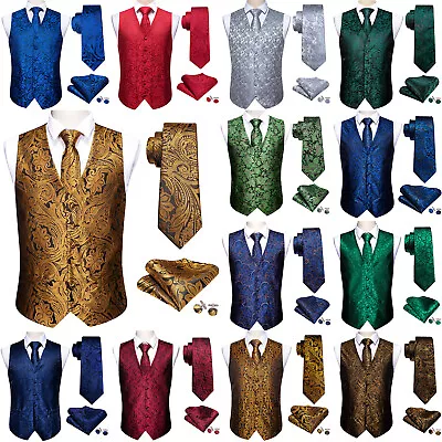 Mens Paisley Waistcoat Casual Wedding Vest Silk Tie Set Casual Formal Tops Suit • £20.99