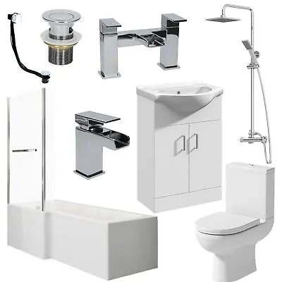 Bathroom Suite 1700mm L Shape Bath Screen With Rail WC Basin Vanity Unit Shower • £749.97