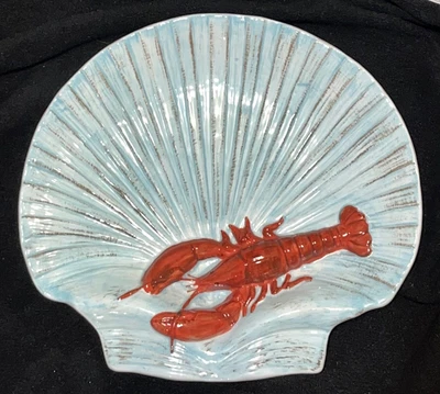 $6.99 • Buy ScallopShell Food Platter With Lobster Accent Nautical Serving Plate Marine Gift