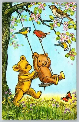 A Swing For Teddy Molly Brett Bears Bird Butterflies Anthropomorphic Postcard H8 • $6.95