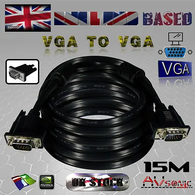 VGA / SVGA -TO- VGA / SVGA (15Pin) CABLE / LEAD - HD-15 / DE-15 DSUB (15 METRES) • £12.99