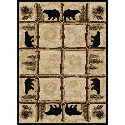 Toccoa Area Rug Lodge Cabin Bear Pinecone Matching Beige Black  *FREE SHIPPING* • $89.99