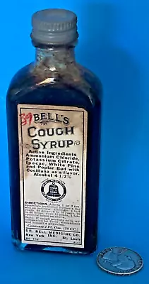 Antique Medicine Dr. Bell’s Cough Syrup Glass Bottle Paper Label Nyc Full Nos • $33.74