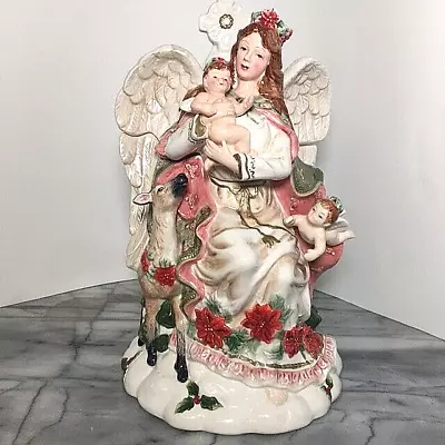 Ceramic Angel Cookie Jar Deer Snow Covered Christmas Tree Cherubs • $17.99