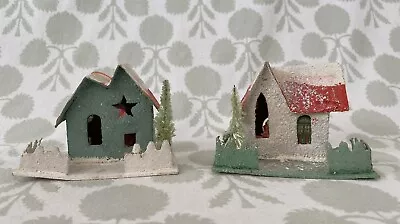 Vintage Christmas Village Putz Cardboard House Japan Mica Ornaments Set Of 2 • $24.99