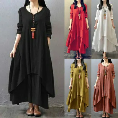 Women's Boho Linen Cotton Vintage Kaftan Loose Gypsy Maxi Dress Long Sleeve • $19.99