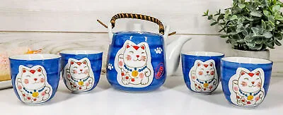 Ebros Japanese Maneki Neko Lucky Charm Cat Blue Tea Pot And Cups Set Serves 4 • $32.99