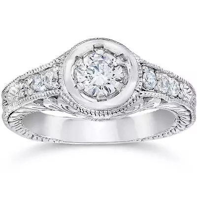 Vintage Diamond Engagement Ring 5/8ct 14K White Gold Hand Engraved Style • $881.99