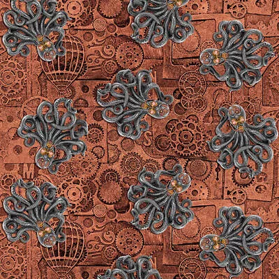 Blank Quilting Alternative Age Steampunk Octopus Gear Rust Cotton Fabric By Yard • $12