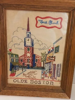 Vintage Needlework  Embroidery North Church Olde Boston Framed Oak 1970's Signed • $24.97