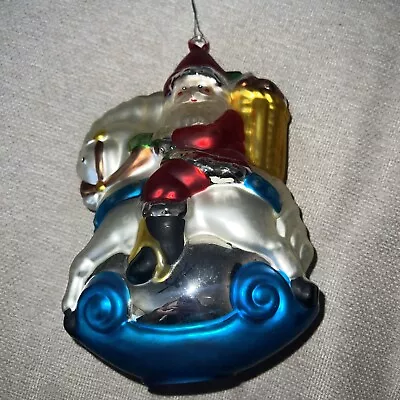 Vintage Dept. 56 Large Mercury Glass Santa On Rocking Horse 8 Inch Ornament • $14.99