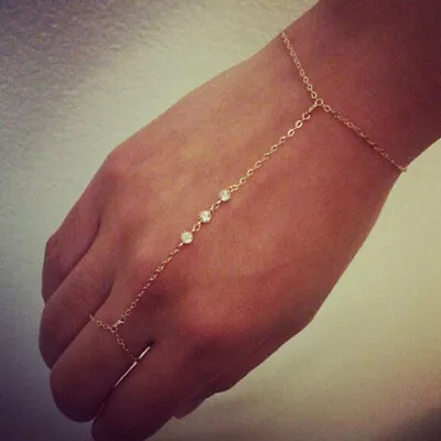 New Sexy Gold Chain Crystal Charm Bracelet Finger Ring Slave Hand Harness • £2.76