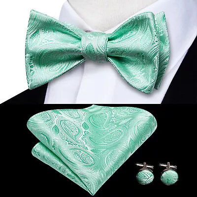 Men's Bow Tie Handkerchief Cufflinks Set Paisley Striped Self Bowtie For Wedding • $10.99