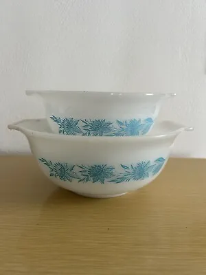 Vintage Glasbake Blue Thistle Nested Milk Glass Mixing Bowls - Set Of 2 • $25.50