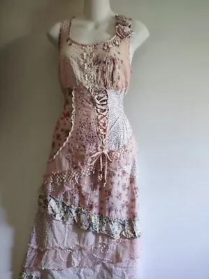 Vtg PraiRie 90s Floral  LaCe Up Corset Crochet CottaGeCoRe  FaiRy PearL DreSs • $249