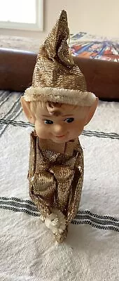 Vintage Christmas Elf Pixie Knee Hugger Gold Metallic Ornament Japan • $19.99
