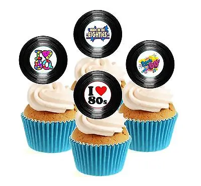 Novelty 80's Party Vinyl Collection 12 Edible Stand Up Wafer Paper Cake Toppers • £3.29