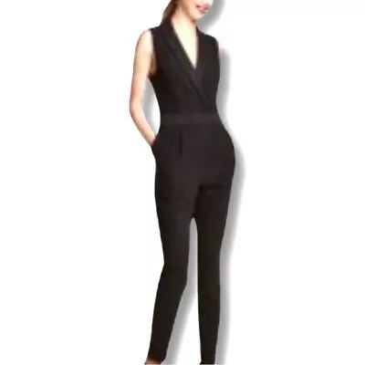 H&M Sleeveless Shawl Collar Black Crepe Skinny Leg Jumpsuit Size 4 • $17.50