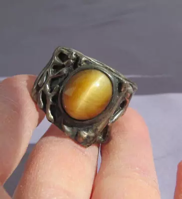 Vintage Huge Jad Men's Sterling Brutalist Mid Century Tiger Eye Cats Eye Ring • $199.99