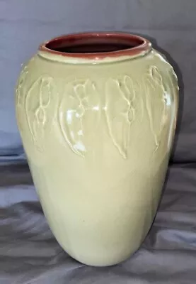 Lg. Handmade Arts & Crafts Mission Vase Crackle Sage Green W/Leaf Motif 10.5  • $15