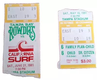 2 TAMPA BAY ROWDIES ORIGINAL MATCH TICKETS/STUBS FROM 16.5.81 And 27.6.81 • £0.25