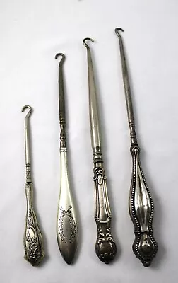 4 Antique Sterling Silver Handled Button Hook / Shoe Hooks 5 3/4  To 9 1/4  Long • $50
