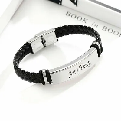£3.46 • Buy Personalised Stainless Steel Bracelet Leather Bracelets Daddy Custom Name Gifts