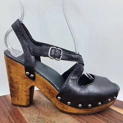 UGG Nadia Sandals Women's 8 Black Brown Leather Studded Platform Wooden Heel • $59.97